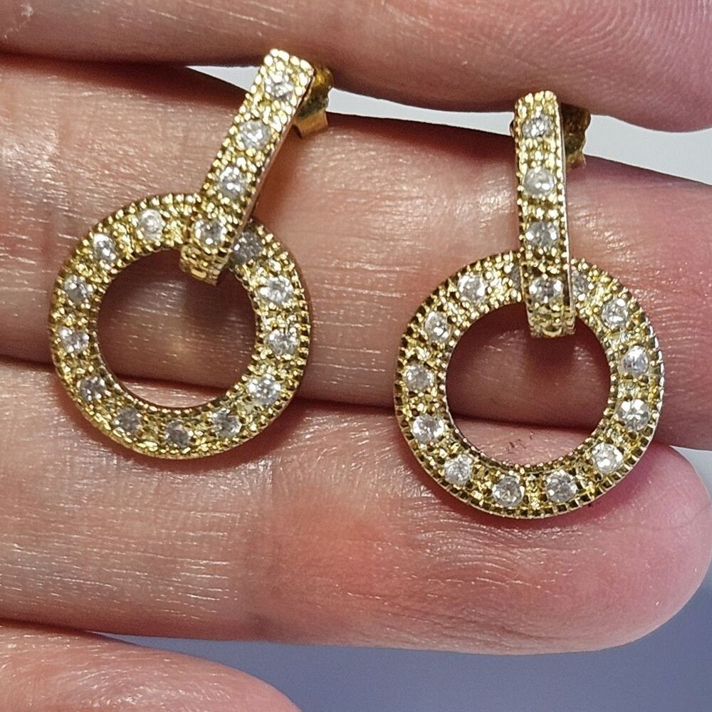 Vintage Ross Simons Gold Plate Over SS Dangling Circle Earrings Rhinestone